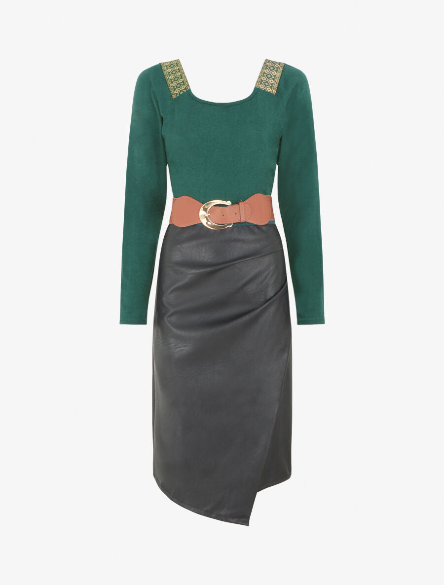 Robe bimatière effet portefeuille à col stylisé - Vert sapin - 1