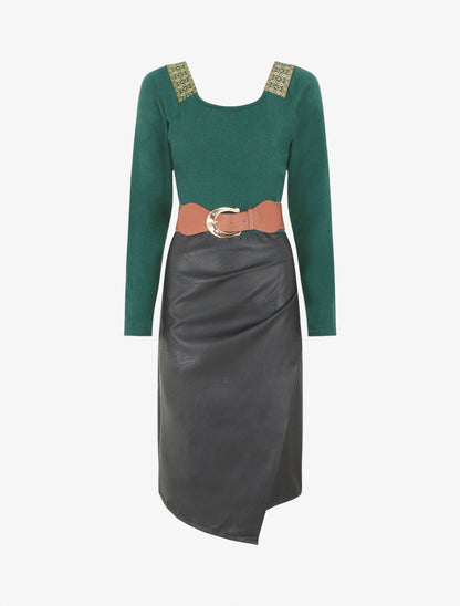 Robe bimatière effet portefeuille à col stylisé - Vert sapin - 1