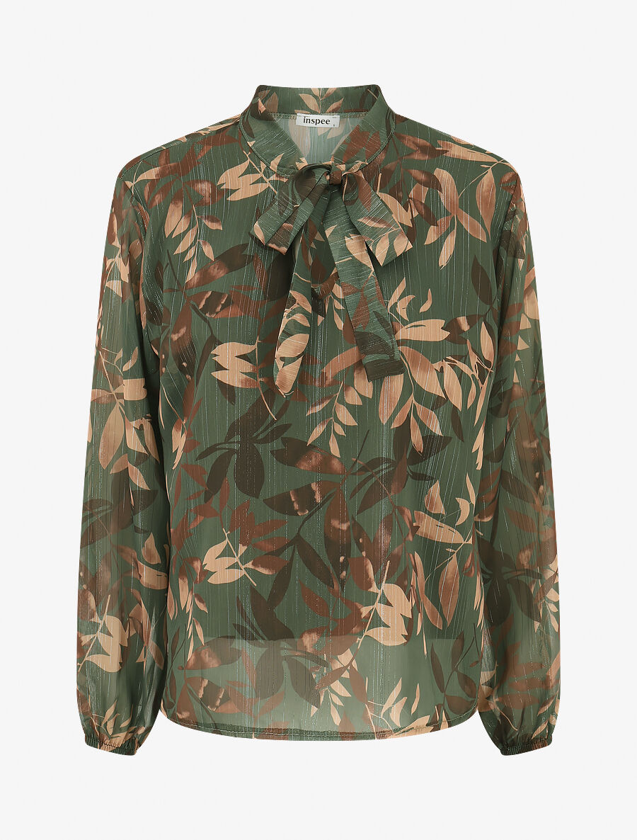 Blouse en voile irisé à imprimé feuillage - Kaki - 1