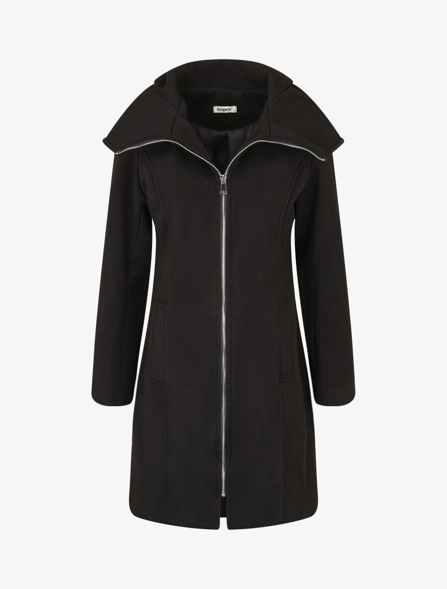 Manteau texturé et zippé à capuche - Noir - 1