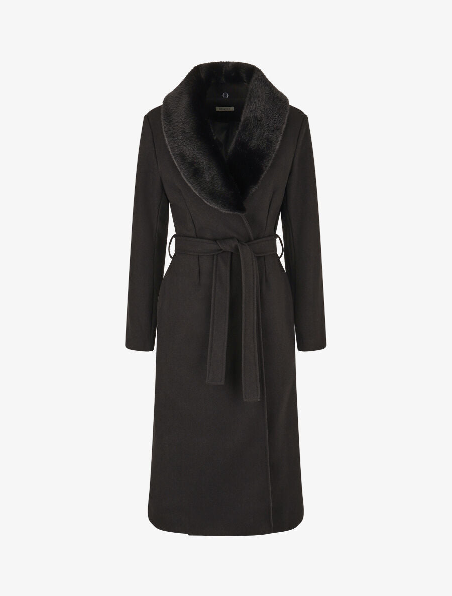 Manteau long à col en fourrure synthétique - Noir - 1