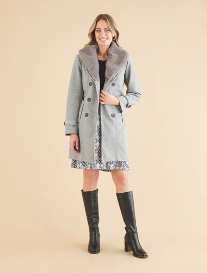 Manteau uni à col en fourrure synthétique - Gris - 5