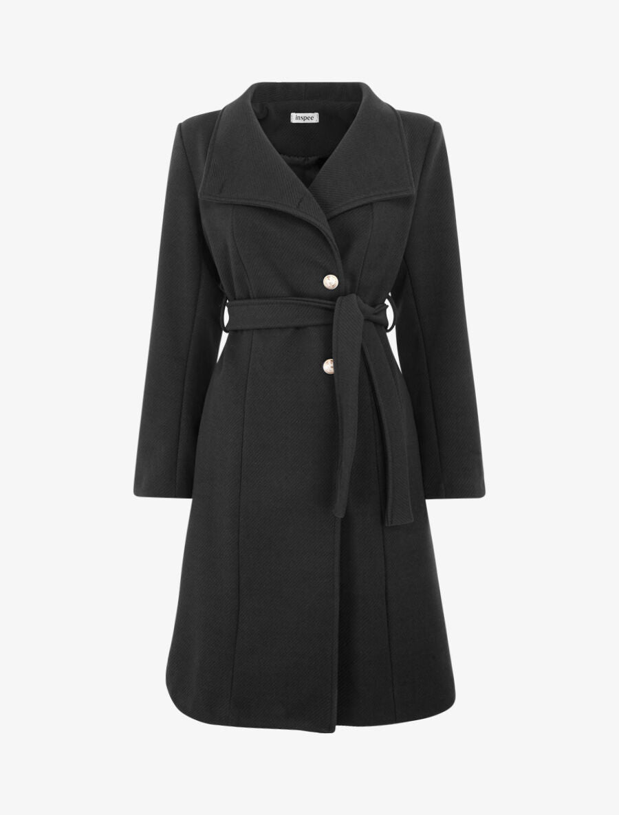 Manteau long uni à boutons marins dorés - Noir - 1