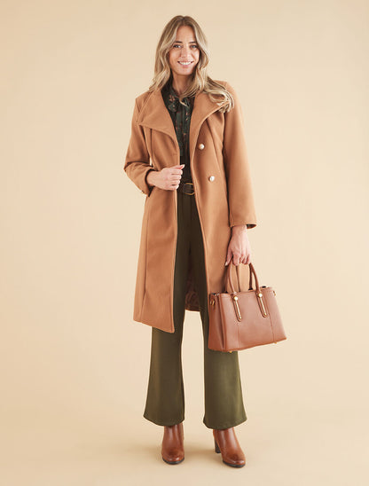 Manteau long uni à boutons marins dorés - Camel - 4