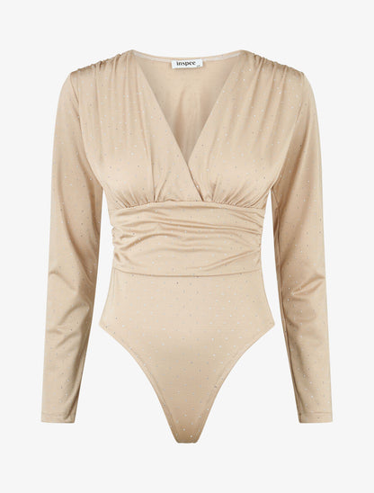 Body uni strassé à col cache-coeur - Beige - 1