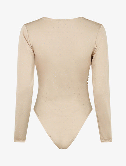 Body uni strassé à col cache-coeur - Beige - 2