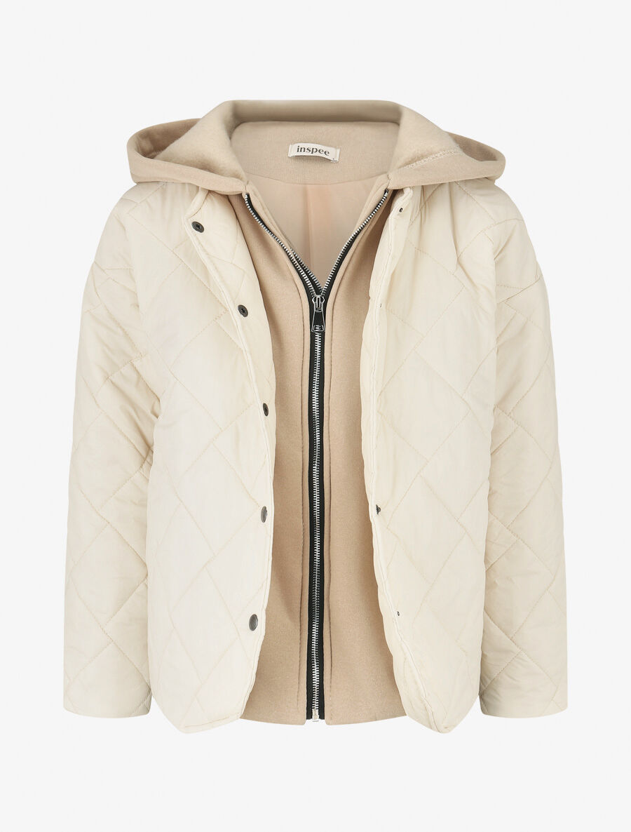 Doudoune mi-longue à empiècement sweat - Beige - 1