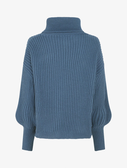 Pull uni en maille à col roulé - Bleu - 2