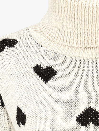 Pull col roulé à imprimé coeurs - Crème - 3
