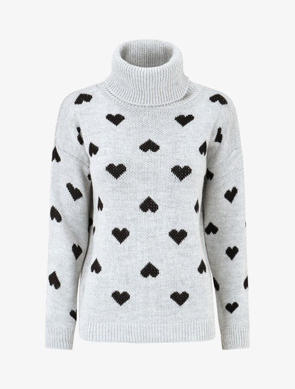 Pull col roulé à imprimé coeurs - Gris - 1