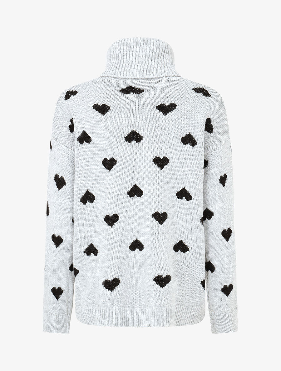 Pull col roulé à imprimé coeurs - Gris - 2