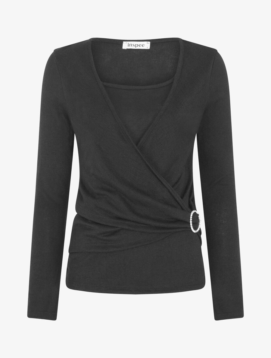 Pull fin effet superposé à empiècement bijou strassé - Noir - 4