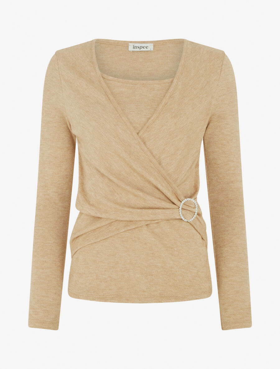 Pull fin effet superposé à empiècement bijou strassé - Beige - 1