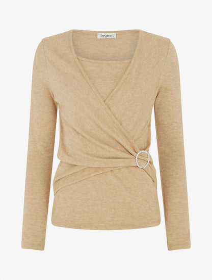 Pull fin effet superposé à empiècement bijou strassé - Beige - 1