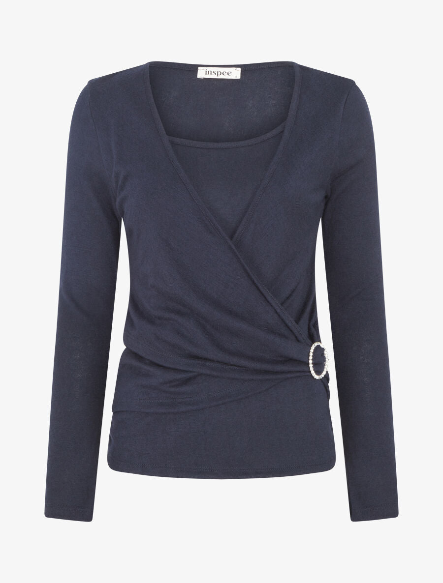 Pull fin effet superposé à empiècement bijou strassé - Marine - 5