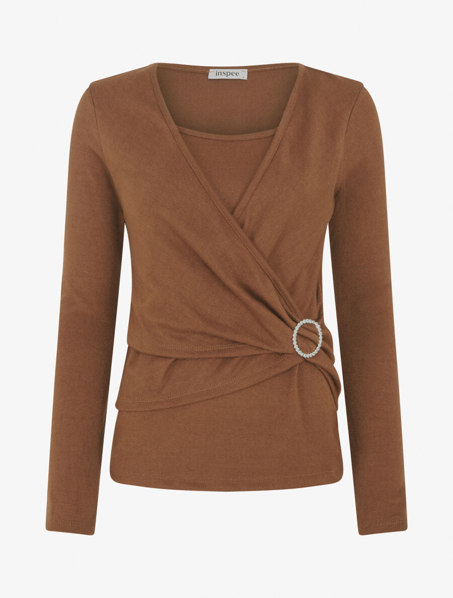 Pull fin effet superposé à empiècement bijou strassé - Marron - 1