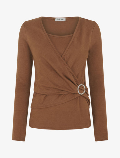 Pull fin effet superposé à empiècement bijou strassé - Marron - 1