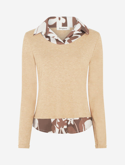 Pull fin à empiècement imprimé - Beige - 1