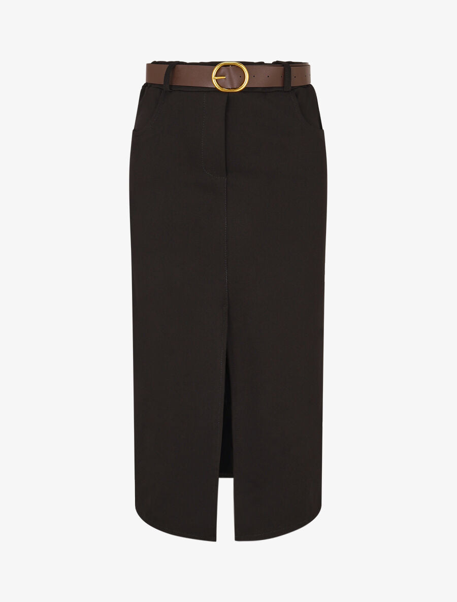 Jupe unie fendue à taille élastiquée - Noir - 4