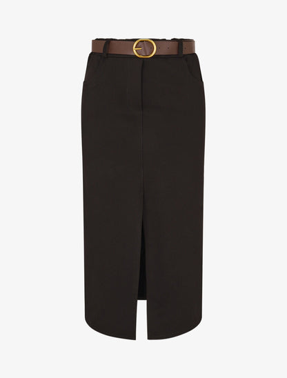 Jupe unie fendue à taille élastiquée - Noir - 4