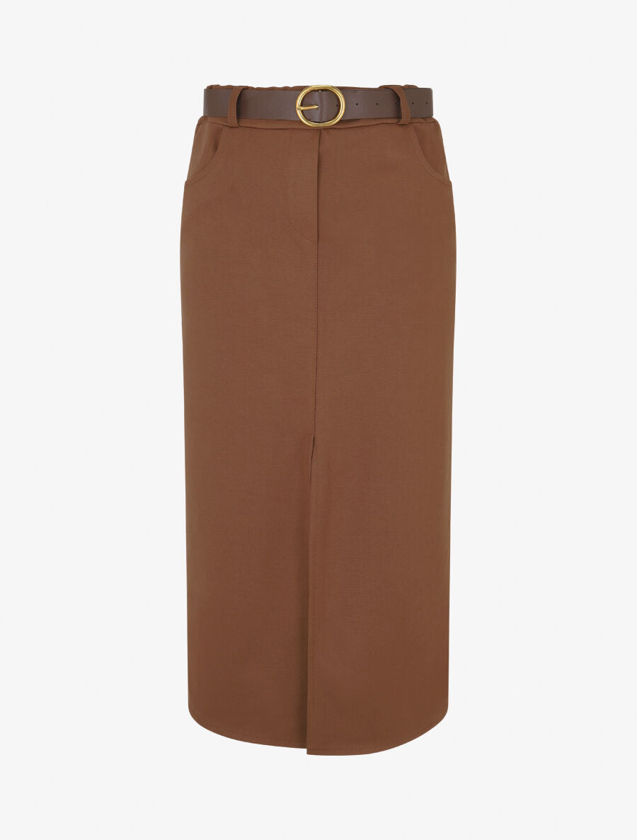 Jupe unie fendue à taille élastiquée - Marron - 1