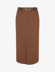 Jupe unie fendue à taille élastiquée - Marron - 1