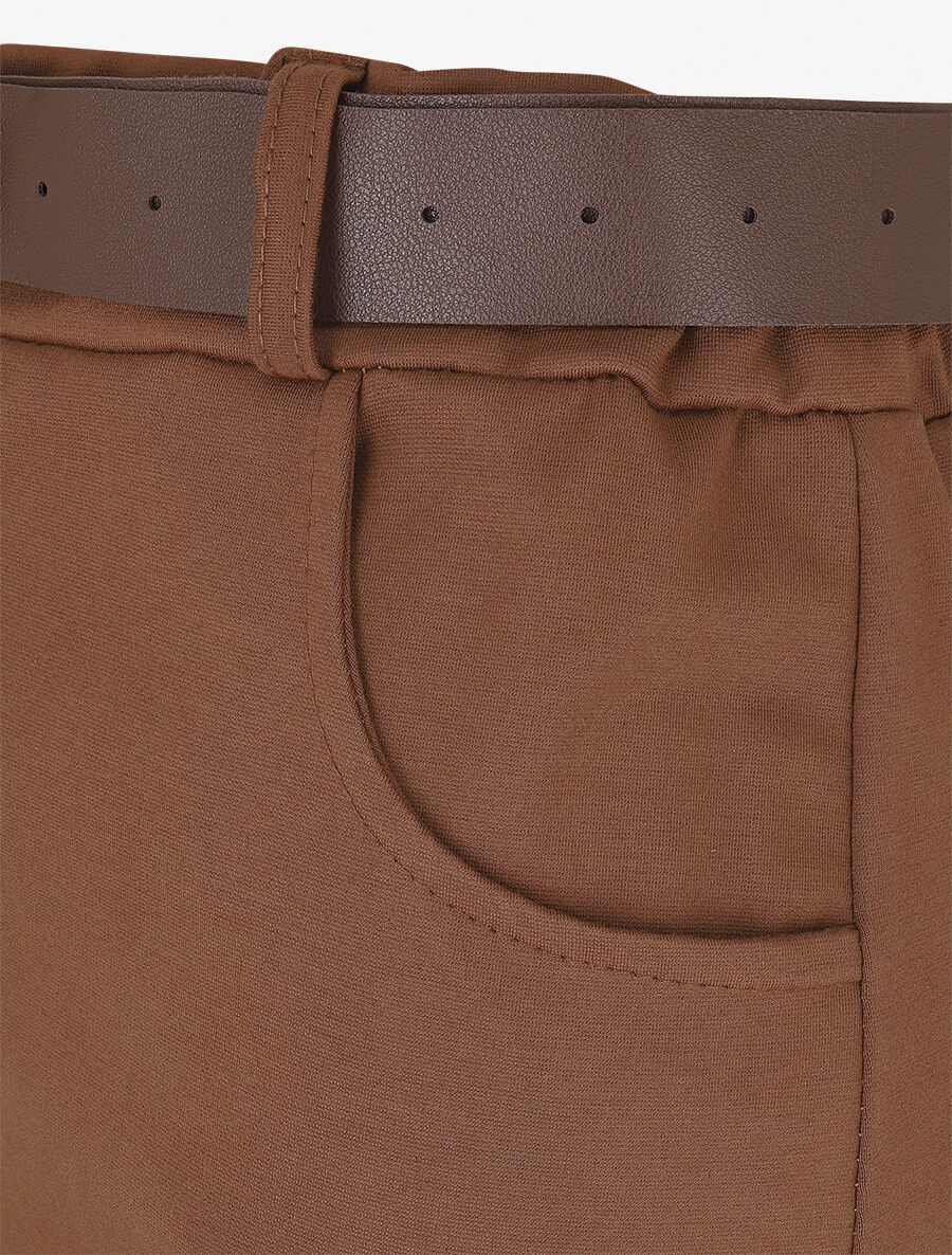 Jupe unie fendue à taille élastiquée - Marron - 3