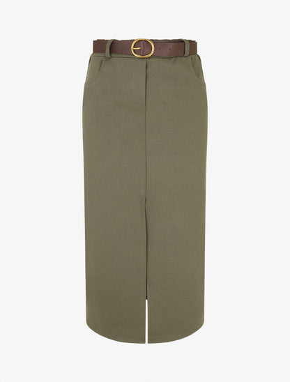Jupe unie fendue à taille élastiquée - Kaki - 1