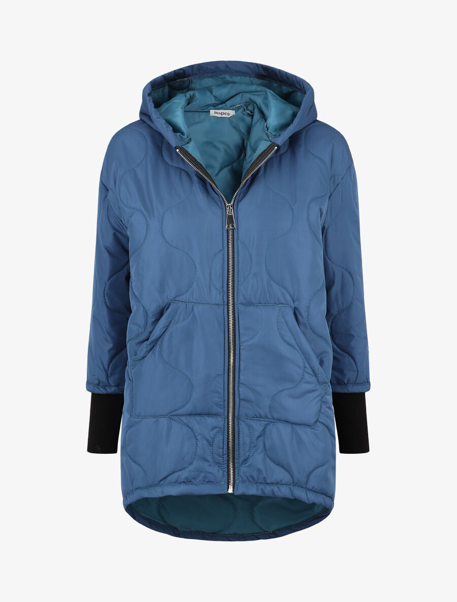 Manteau matelassé asymétrique à capuche - Bleu - 1