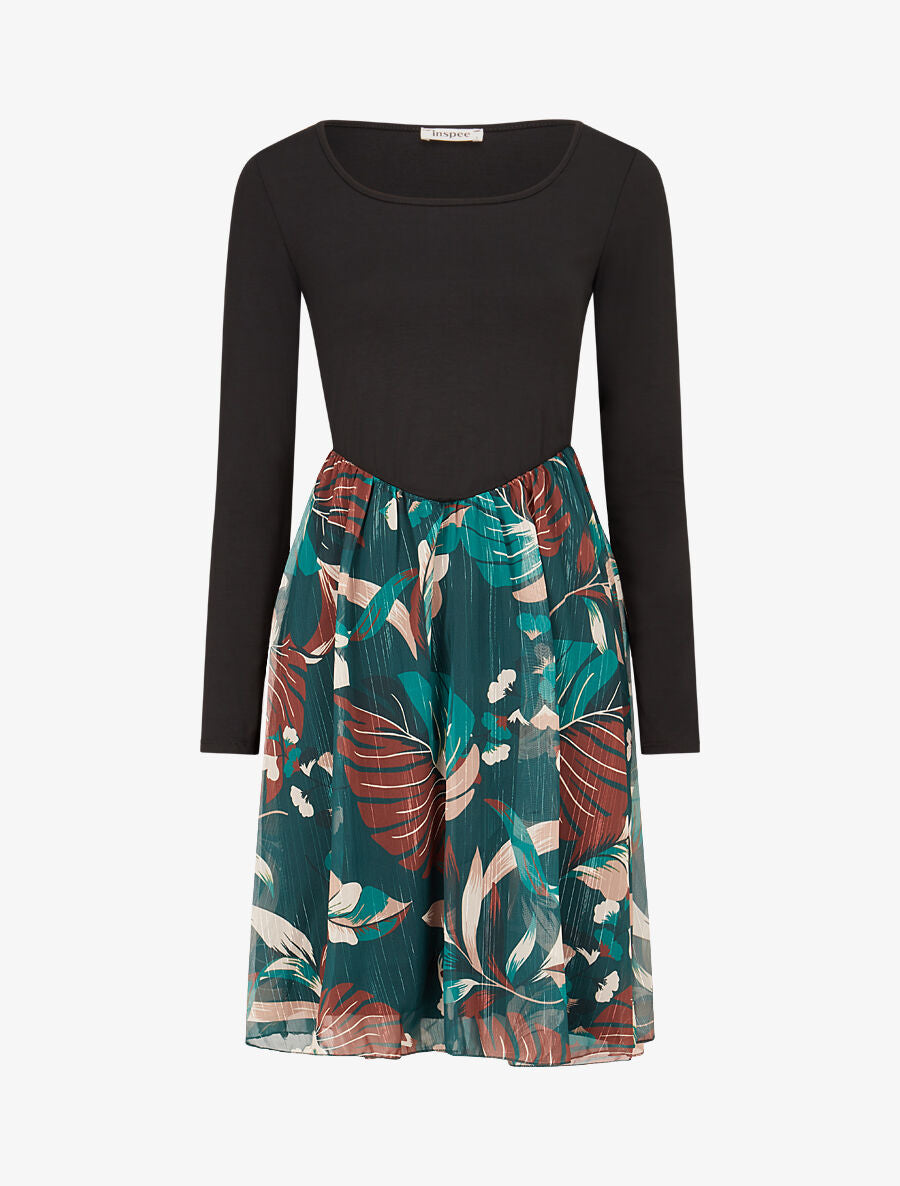 Robe patineuse à jupe imprimé plantes tropicales lamé - Vert sapin - 1