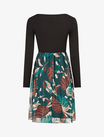 Robe patineuse à jupe imprimé plantes tropicales lamé - Vert sapin - 2