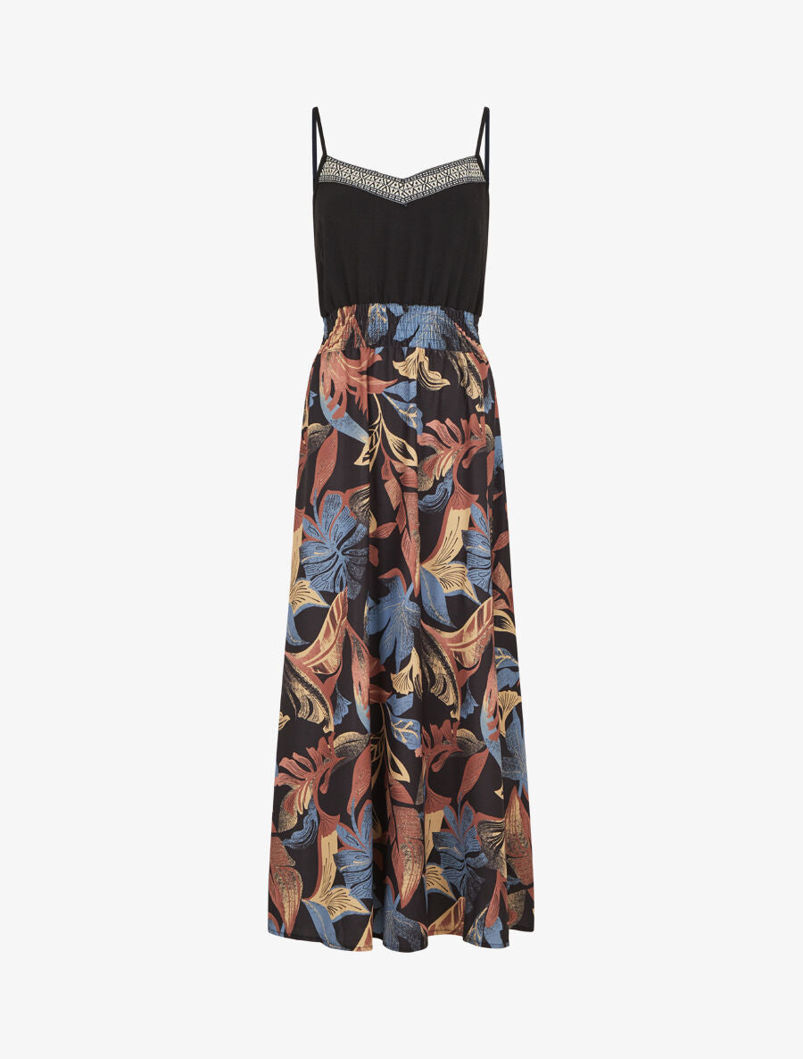 Robe longue à fines bretelles imprimé feuilles - Noir - 1