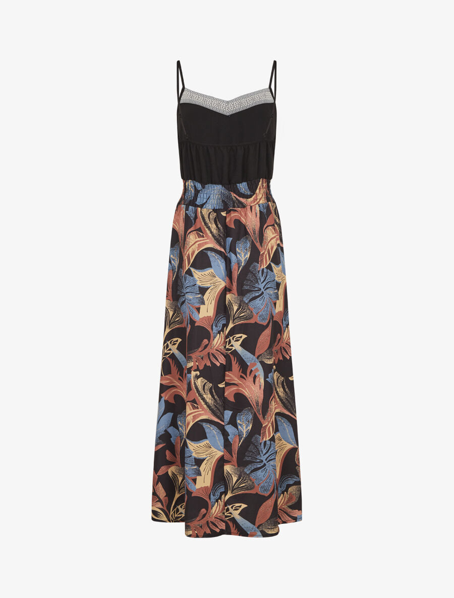 Robe longue à fines bretelles imprimé feuilles - Noir - 2