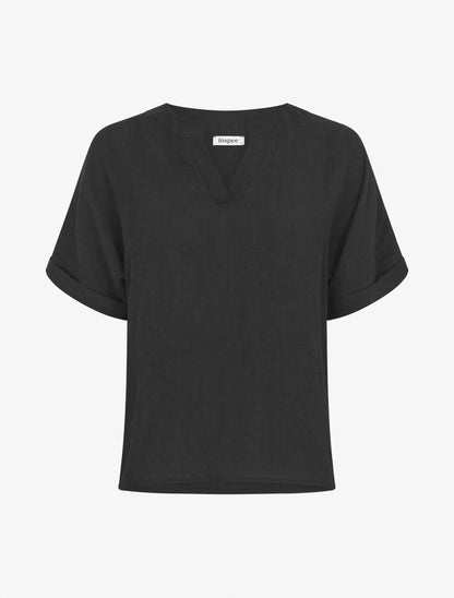 Blouse droite et texturée à col V - Noir - 1