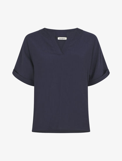 Blouse droite et texturée à col V - Marine - 1