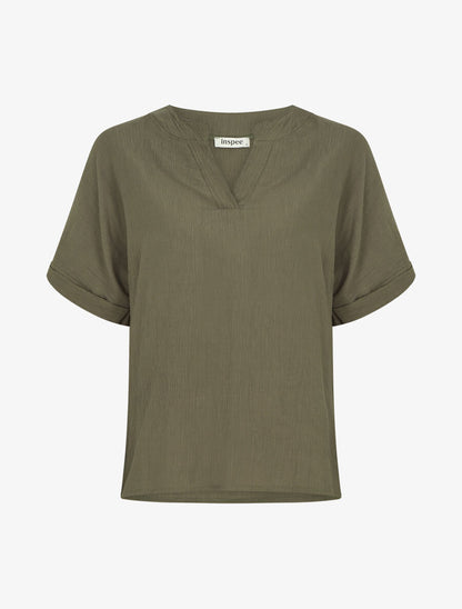 Blouse droite et texturée à col V - Kaki - 1