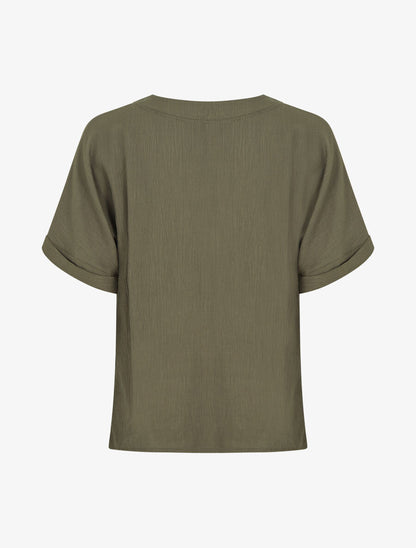 Blouse droite et texturée à col V - Kaki - 2