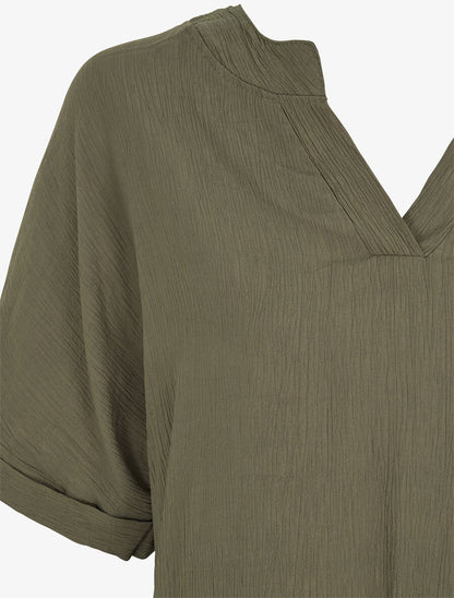 Blouse droite et texturée à col V - Kaki - 3