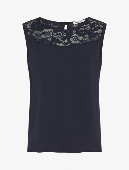 Top droit sans manches col dentelle - Marine - 1
