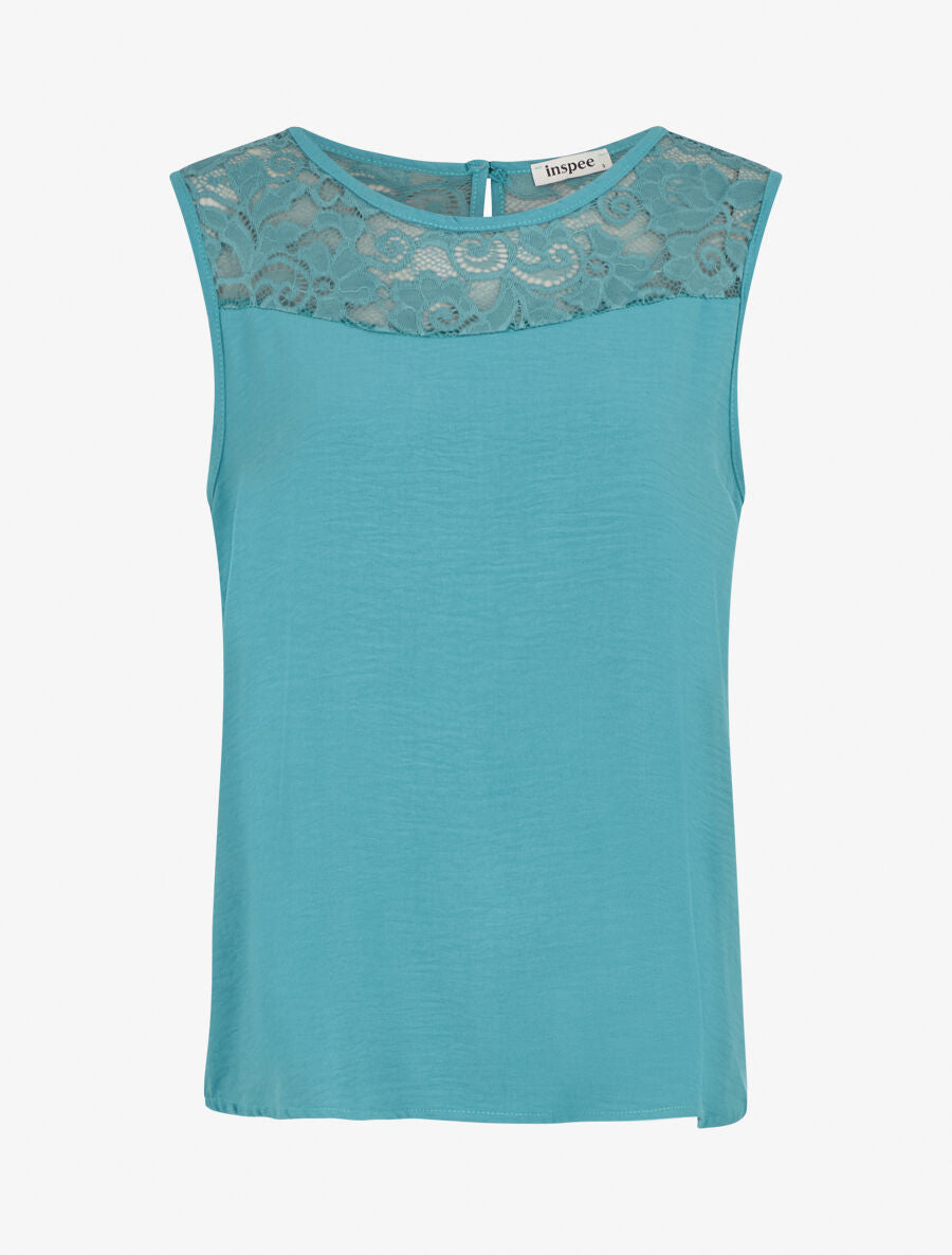 Top droit sans manches col dentelle - Turquoise - 1