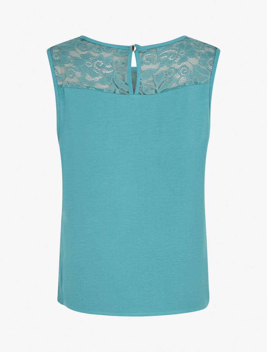 Top droit sans manches col dentelle - Turquoise - 2