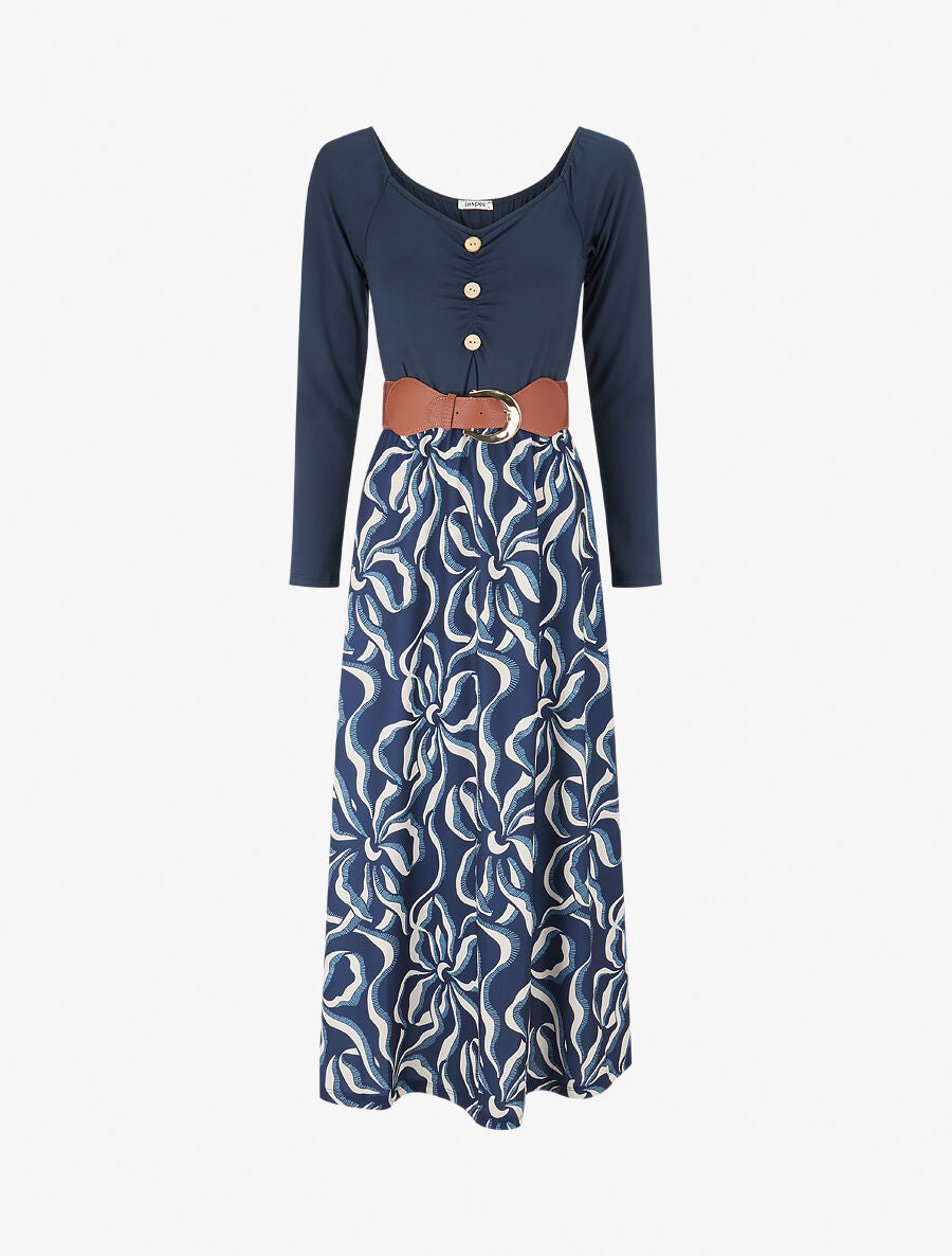 Robe évasée à jupe imprimée - Marine - 1