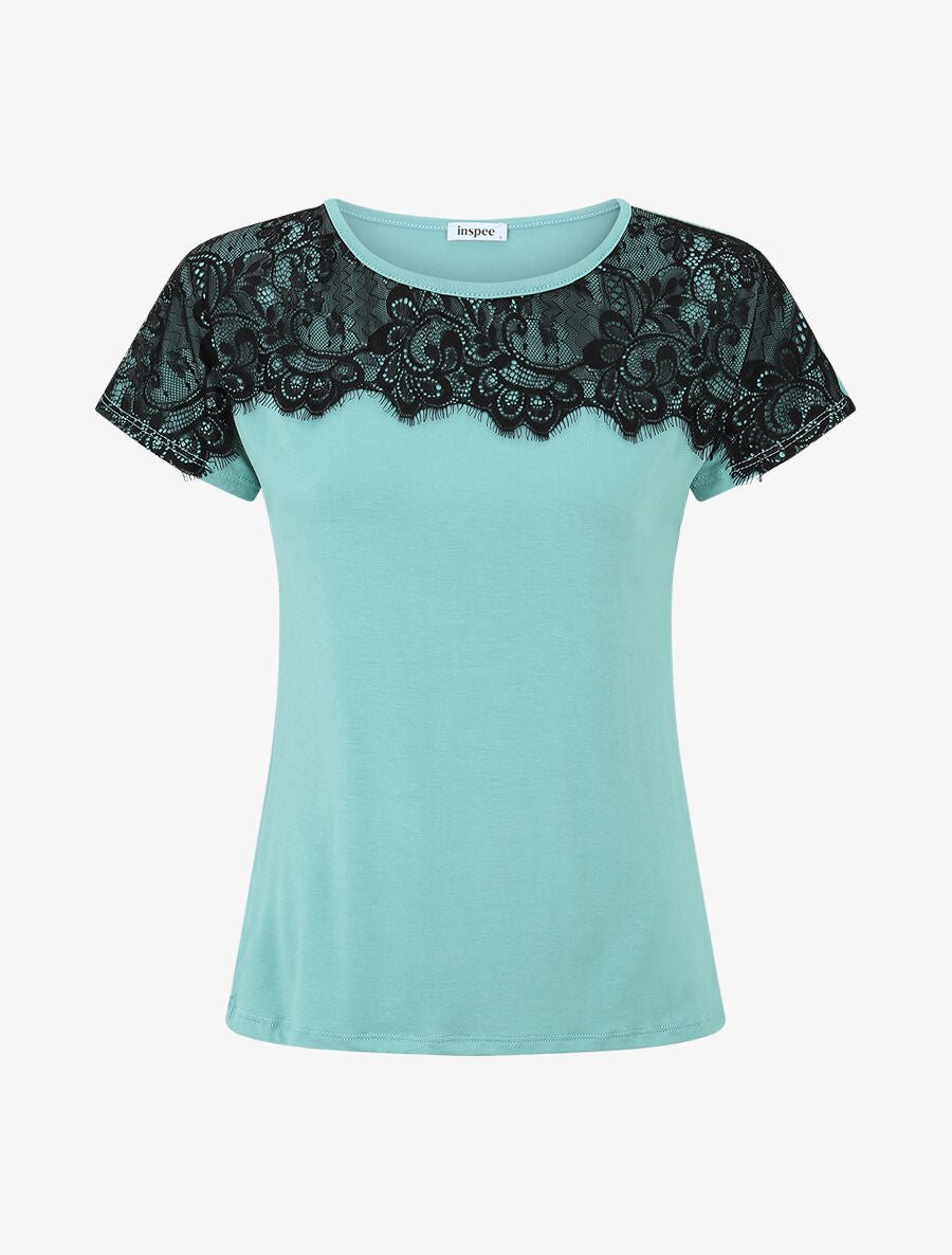 T-shirt droit manches courtes col rond à dentelle - Vert d&