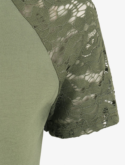 Top ajusté à manches courtes en dentelle - Kaki - 3