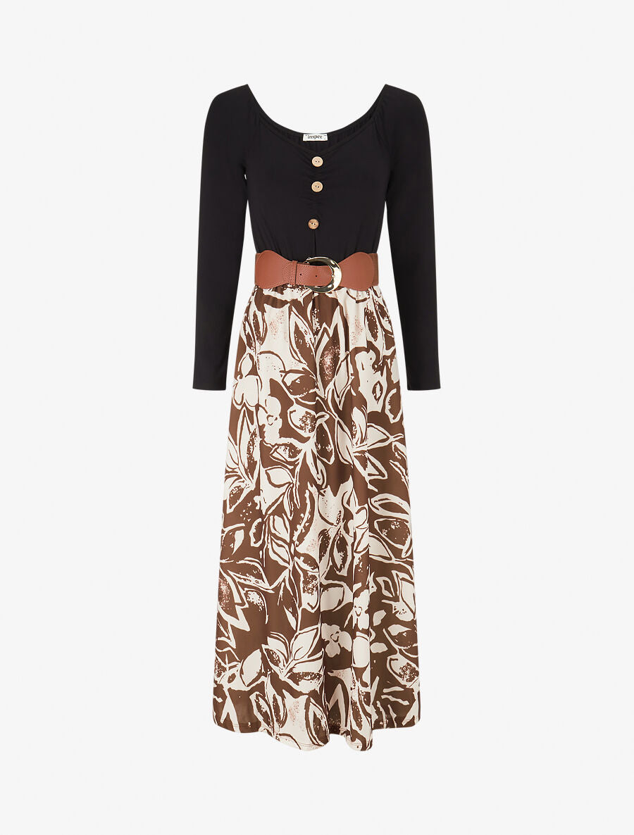 Robe évasée à jupe imprimé fleurs - Marron - 4