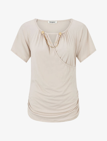 Top droit col cache coeur à chaînette - Beige - 1