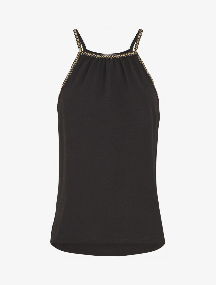 Top uni sans manches à détail brodé irisé - Noir - 1