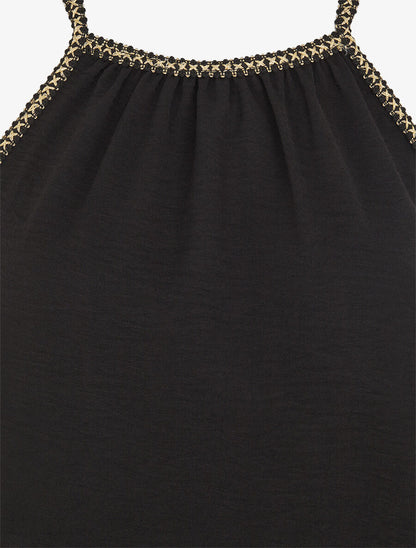 Top uni sans manches à détail brodé irisé - Noir - 3