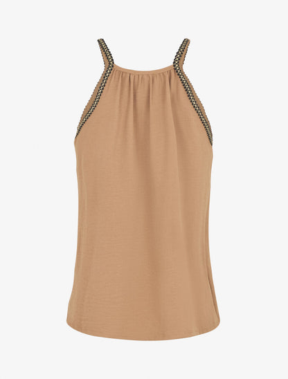 Top uni sans manches à détail brodé irisé - Camel - 2