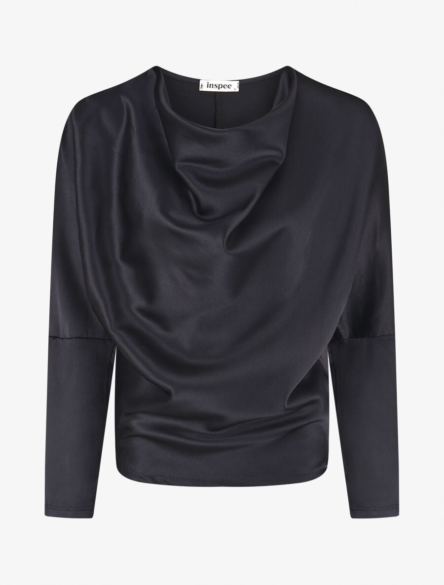 Blouse fluide unie effet satiné - Bleu nuit - 1